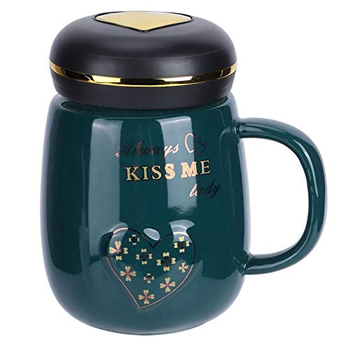 Tazas de cerámica, tazas de té de café con forma de corazón Tazas con tapas y asas, tazas de agua de cerámica de 500 ml para beber té de café Agua de leche de cacao(Verde oscuro)