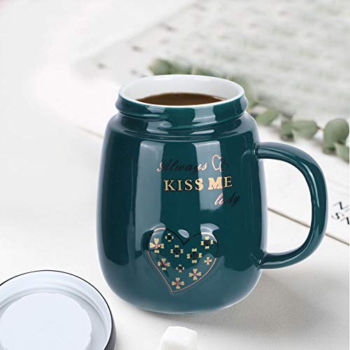 Tazas de cerámica, tazas de té de café con forma de corazón Tazas con tapas y asas, tazas de agua de cerámica de 500 ml para beber té de café Agua de leche de cacao(Verde oscuro)