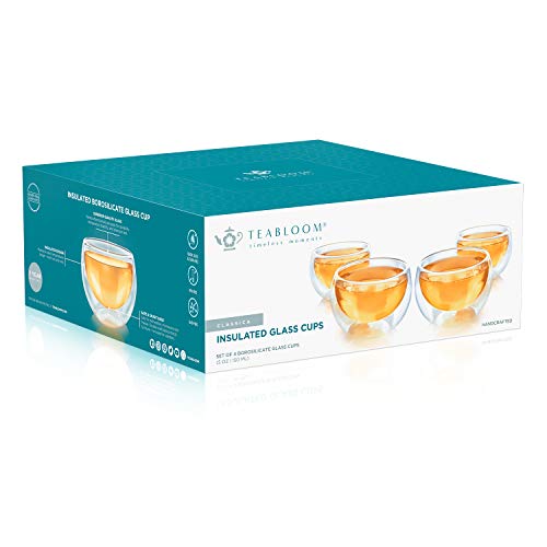 Tazas de Cristal Doble Teabloom – Juego de 4 Tazas Individuales para Té, Café, Expresso, y Más - 150 ml – Colección Clásica de Tazas de Té