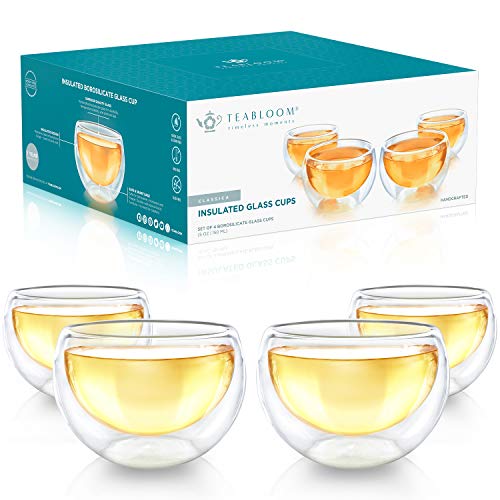 Tazas de Cristal Doble Teabloom – Juego de 4 Tazas Individuales para Té, Café, Expresso, y Más - 150 ml – Colección Clásica de Tazas de Té