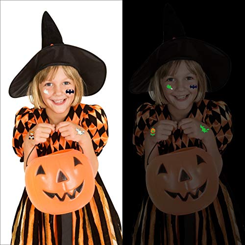 TAZEMAT Halloween Tatuaje Luminoso 20 Hojas Pegatina Temporal Fluorescente Etiqueta Engomada de Cuerpo y Cara Fantasma Murciélago Calabaza Bruja Suministro Maquillaje para Niños Fiesta Cumpleaños