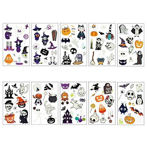 TAZEMAT Halloween Tatuaje Luminoso 20 Hojas Pegatina Temporal Fluorescente Etiqueta Engomada de Cuerpo y Cara Fantasma Murciélago Calabaza Bruja Suministro Maquillaje para Niños Fiesta Cumpleaños