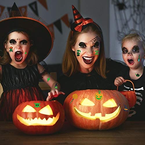 TAZEMAT Halloween Tatuaje Luminoso 20 Hojas Pegatina Temporal Fluorescente Etiqueta Engomada de Cuerpo y Cara Fantasma Murciélago Calabaza Bruja Suministro Maquillaje para Niños Fiesta Cumpleaños