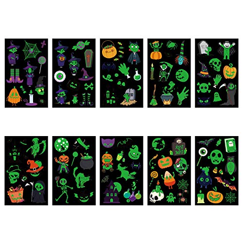 TAZEMAT Halloween Tatuaje Luminoso 20 Hojas Pegatina Temporal Fluorescente Etiqueta Engomada de Cuerpo y Cara Fantasma Murciélago Calabaza Bruja Suministro Maquillaje para Niños Fiesta Cumpleaños