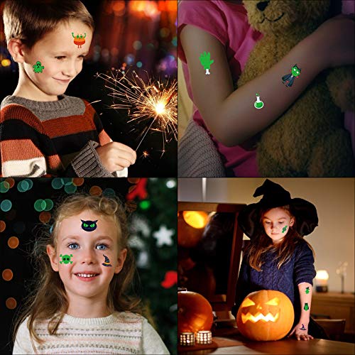 TAZEMAT Halloween Tatuaje Luminoso 20 Hojas Pegatina Temporal Fluorescente Etiqueta Engomada de Cuerpo y Cara Fantasma Murciélago Calabaza Bruja Suministro Maquillaje para Niños Fiesta Cumpleaños