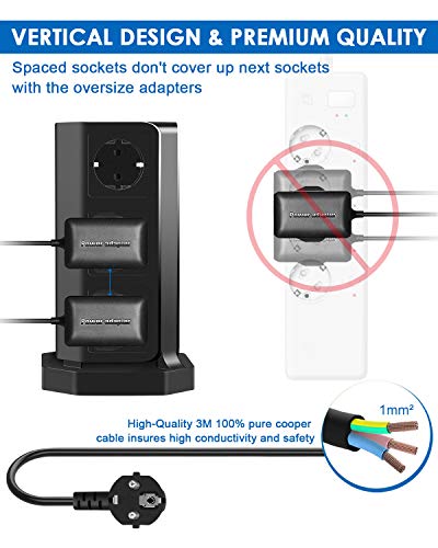 Te-Rich 18W Carga Rapida USB-C Enchufe Relgeta Vertical Torres Toma de Corriente 9 Regletas con 5 Puertos USB (1 USB-C e 4 USB-A) 3M Cable de protección contra sobrevoltaje y sobretensiones 2500W/10A