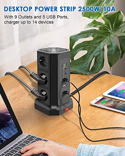 Te-Rich 18W Carga Rapida USB-C Enchufe Relgeta Vertical Torres Toma de Corriente 9 Regletas con 5 Puertos USB (1 USB-C e 4 USB-A) 3M Cable de protección contra sobrevoltaje y sobretensiones 2500W/10A