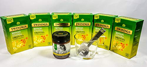 Té verde miel limón infusión con Steens MGO crudo sin pasteurizar Nueva Zelanda Manuka Miel, taza y cuchara.