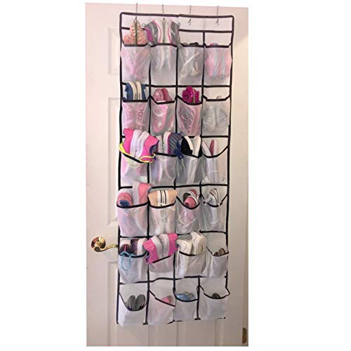 Tebery - Organizador de zapatos con 24 grandes bolsillos de malla para colgar sobre la puerta, con 4 ganchos de acero (blanco)