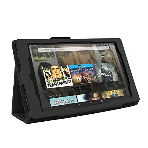 TECHGEAR Funda de Cuero Diseñado para Amazon Fire HD 8 2018/2017 (8ª / 7ª generación), Funda de Cuero PU Protectora con Soporte de Visualización/Escritura Incluido Protector Pantalla [Negro]