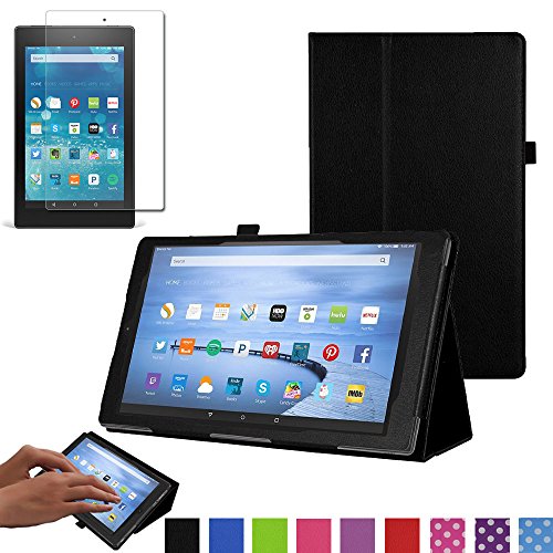 TECHGEAR Funda de Cuero Diseñado para Amazon Fire HD 8 2018/2017 (8ª / 7ª generación), Funda de Cuero PU Protectora con Soporte de Visualización/Escritura Incluido Protector Pantalla [Negro]