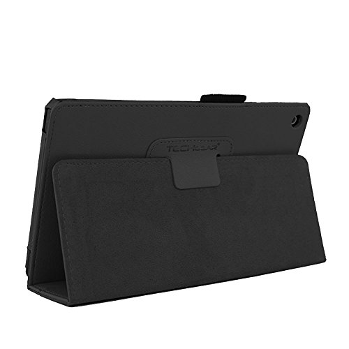TECHGEAR Funda de Cuero Diseñado para Amazon Fire HD 8 2018/2017 (8ª / 7ª generación), Funda de Cuero PU Protectora con Soporte de Visualización/Escritura Incluido Protector Pantalla [Negro]