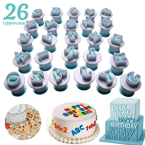 Techson - Juego de 26 moldes cortadores de galletas, diseño de letras mayúsculas, mini alfabeto de plástico para fondant, galletas, juego de accesorios para hornear