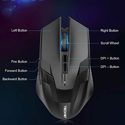 TECKNET Ratón Gaming Inalámbrico 2.4G Ratón Óptico Gaming Mouse Profesional para Gaming, Ratón con Receptor, 8 Botones, 4800DPI, 5 dpi Ajustables con LED