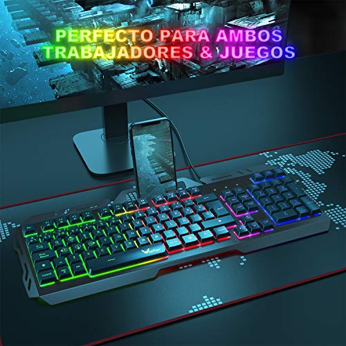 Teclado Gaming, WisFox Colorido Arco Lris LED Retroiluminación USB con Cable Teclado, Teclado de Computadora Ultra-delgado y Silencioso, de Panel de Metal con Diseño Resistente a Salpicaduras Juegos