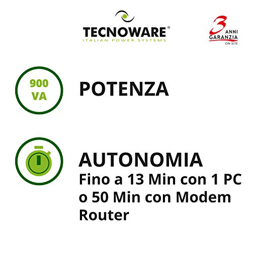 Tecnoware Sistema de alimentación ininterrumpida SAI Era Plus 900 con 2 Salidas Schuko, Potencia de 900 VA, Autonomía de Hasta 50 Minutos con Módem Router WiFi o 13 Minutos con PC , Estabilización AVR
