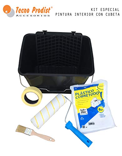 TECPINT KIT ESPECIAL APLICACION PINTURA INTERIOR - Rodillo de Pintura Antigoteo Calidad Profesional con Cubeta, Cinta, Cubretodo y Pincel - 5 PIEZAS