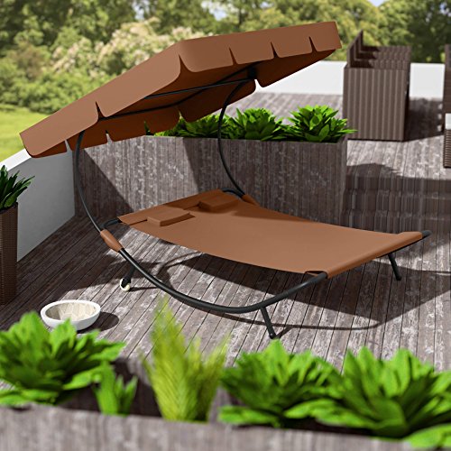 TecTake 800089 Tumbona Doble de Jardín, Parasol Plegable, 2 Cojines, Estructura de Metal, Interior & Exterior (Marrón | No. 401222)