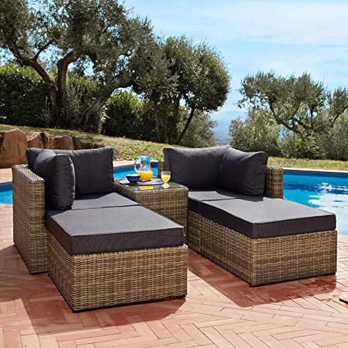 TecTake 800694 Sillón Doble de Ratán Aluminio, Muebles de Jardín, con Mesa, Multifunción, Combinación Versátil, Incl. Cojines (Natural | No. 403168)
