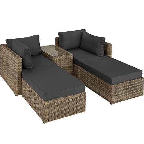 TecTake 800694 Sillón Doble de Ratán Aluminio, Muebles de Jardín, con Mesa, Multifunción, Combinación Versátil, Incl. Cojines (Natural | No. 403168)