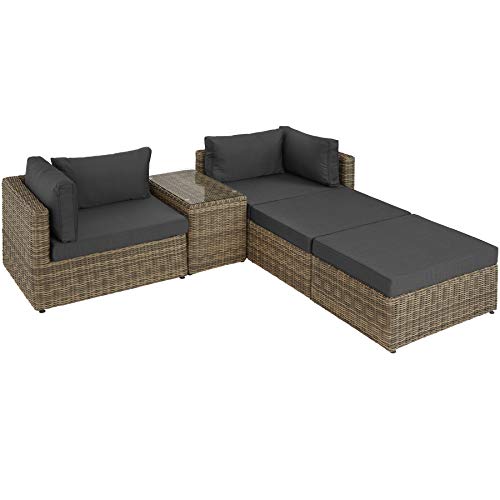 TecTake 800694 Sillón Doble de Ratán Aluminio, Muebles de Jardín, con Mesa, Multifunción, Combinación Versátil, Incl. Cojines (Natural | No. 403168)