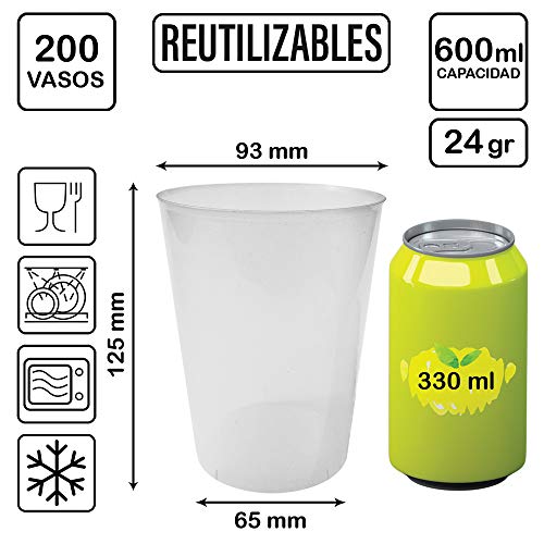 TELEVASO - 200 Unidades - Vaso Sidra 600 ml Reutilizable - Polipropileno (PP) - Color traslúcido - Vaso ecológico Libre de BPA, Ideal para Cerveza, cubatas, Agua