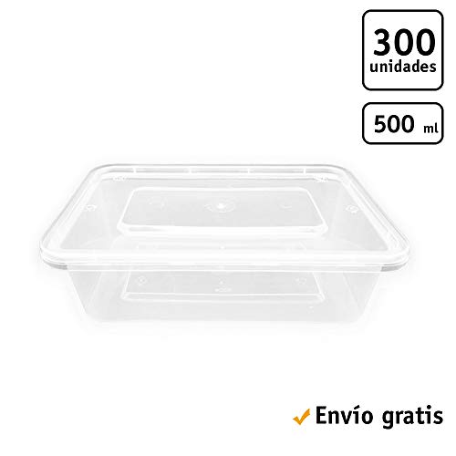 TELEVASO - 300 uds - Envase Recipiente Rectangular para Comida + Tapa separada - Capacidad 500 ml - Polipropileno (PP) traslúcido - Contenedores Desechables con Tapa, Apto para microondas