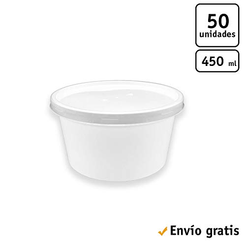 TELEVASO - 50 uds - Envase Recipiente Redondo para Comida + Tapa separada - Capacidad 450 ml y tamaño Ø120 mm - Polipropileno (PP) Blanco - Contenedores Desechables Apto para microondas