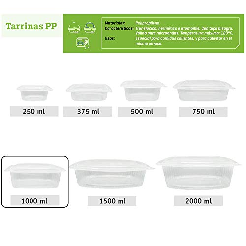 TELEVASO - 50 uds - Envase/Recipiente para Comida con Tapa bisagra Oval - Capacidad 1000 ml - Polipropileno (PP) traslúcido - Contenedores Desechables con Tapa, Apto para microondas