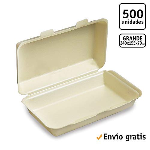 TELEVASO - 500 uds - Envase porex Sandwich Grande - Tamaño 240 x 155 x 70 mm - Poliestireno Color Champagne - Contenedores Desechables con Tapa, Apto para Comida Caliente y fría