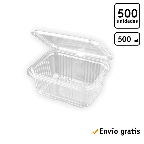 TELEVASO - 500 uds - Envase Recipiente para Comidas frías con Tapa bisagra Rectangular - Capacidad 500 ml - Polietileno (Pet) Transparente - Contenedores Desechables con Tapa
