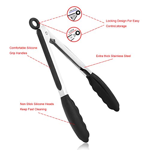 Tenazas de acero inoxidable con utensilios de cocina 9" antideslizante y pesado de Soft-agarre manejar clip de bloqueo inteligente resistente al calor grado de alimentos