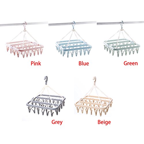 Tendedero colgante con 32 clips, resistente al viento, para ropa sucia, de plástico, para calcetines, ropa interior, sujetadores, ropa de bebé, guantes, azul, Tamaño libre