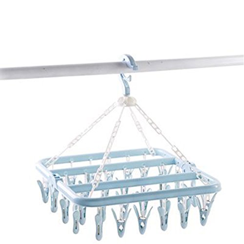 Tendedero colgante con 32 clips, resistente al viento, para ropa sucia, de plástico, para calcetines, ropa interior, sujetadores, ropa de bebé, guantes, azul, Tamaño libre