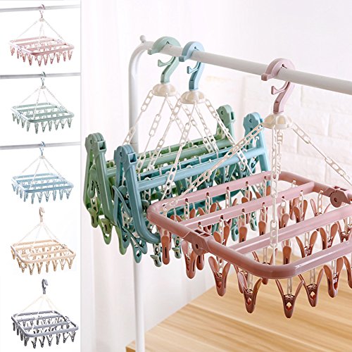 Tendedero colgante con 32 clips, resistente al viento, para ropa sucia, de plástico, para calcetines, ropa interior, sujetadores, ropa de bebé, guantes, azul, Tamaño libre