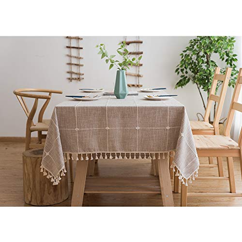 Tenrany Home Rectangulares Manteles Algodon Lino, Antimanchas Mantel de Mesa Raya Gris Tablecloth para Decoración del Hogar Cocina Oficinas(Khaki Gitter, 140 * 140 cm)