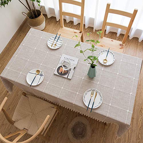 Tenrany Home Rectangulares Manteles Algodon Lino, Antimanchas Mantel de Mesa Raya Gris Tablecloth para Decoración del Hogar Cocina Oficinas(Khaki Gitter, 140 * 140 cm)