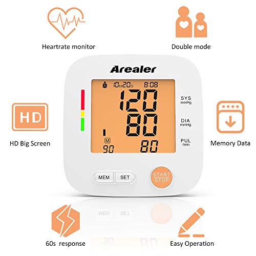 Tensiómetro de Brazo, Arealer Tensiómetro Arterial con Tecnología Inteligente para Dar Lecturas Rápidas, 2 Memorias 2 * 90, Pantalla LCD, para Uso Doméstico