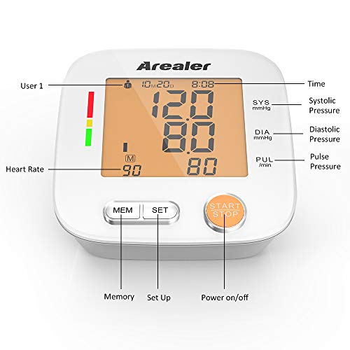 Tensiómetro de Brazo, Arealer Tensiómetro Arterial con Tecnología Inteligente para Dar Lecturas Rápidas, 2 Memorias 2 * 90, Pantalla LCD, para Uso Doméstico