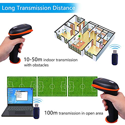 Tera Escáner de Códigos de Barras Inalámbrico (Inalámbrico 2.4GHz + Cable USB 2.0), Lector de Códigos de Barras de Mano con Batería Recargable con Receptor USB incluído