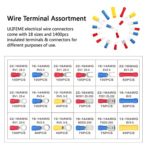 Terminales Eléctricos Conectores, ULIFEME 1400pcs Crimpado Aisladas Conectores, Surtido Cobre Terminales Eléctrico Conector Faston para Cables, Anillo, Horquilla & Spade Lug Kit con Un Paquete de PVC