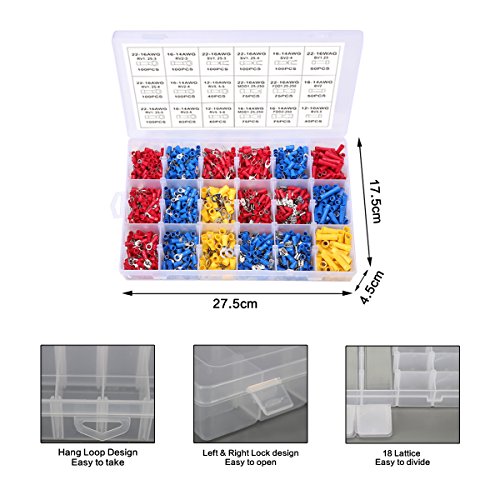 Terminales Eléctricos Conectores, ULIFEME 1400pcs Crimpado Aisladas Conectores, Surtido Cobre Terminales Eléctrico Conector Faston para Cables, Anillo, Horquilla & Spade Lug Kit con Un Paquete de PVC