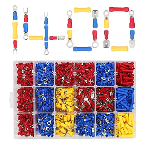 Terminales Eléctricos Conectores, ULIFEME 1400pcs Crimpado Aisladas Conectores, Surtido Cobre Terminales Eléctrico Conector Faston para Cables, Anillo, Horquilla & Spade Lug Kit con Un Paquete de PVC