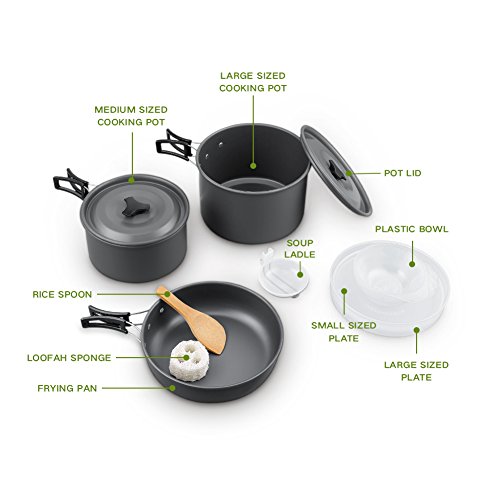 Terra Hiker Set de Utensilios de Cocina de Camping, Antiadherente, Bolsa de Malla con Mochila para Acampadas, Senderismo, Picnic, Pack de 16