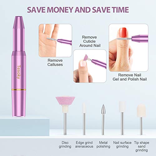 Tesoky Torno para Uñas, Lima de Uñas Profesionales con Set de 11 Tipos de Brocas de Pulido Pedicura, Lima Electrica Uñas de Vlocidad Ajustable para Manicura Pedicura, Set de Manicura para Salón DIY