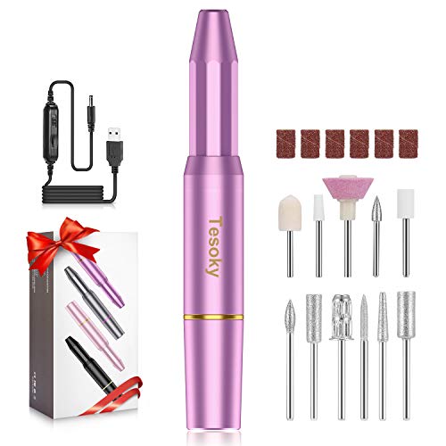 Tesoky Torno para Uñas, Lima de Uñas Profesionales con Set de 11 Tipos de Brocas de Pulido Pedicura, Lima Electrica Uñas de Vlocidad Ajustable para Manicura Pedicura, Set de Manicura para Salón DIY