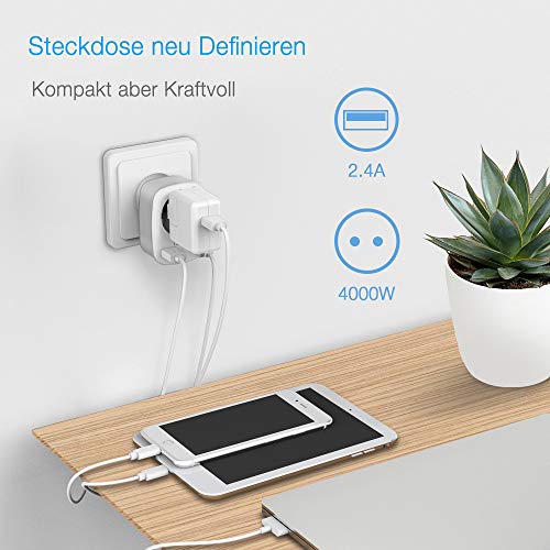 TESSAN Enchufe USB Pared, Ladron Enchufes (4000W) con Doble USB y 1 Toma de CA, Enchufe Multiple Cargador USB Pared Adaptador Enchufe con USB España, Ladron USB Carga para Movil iPad-Blanco