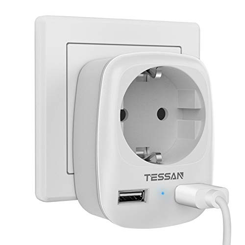 TESSAN Enchufe USB Pared, Ladron Enchufes (4000W) con Doble USB y 1 Toma de CA, Enchufe Multiple Cargador USB Pared Adaptador Enchufe con USB España, Ladron USB Carga para Movil iPad-Blanco