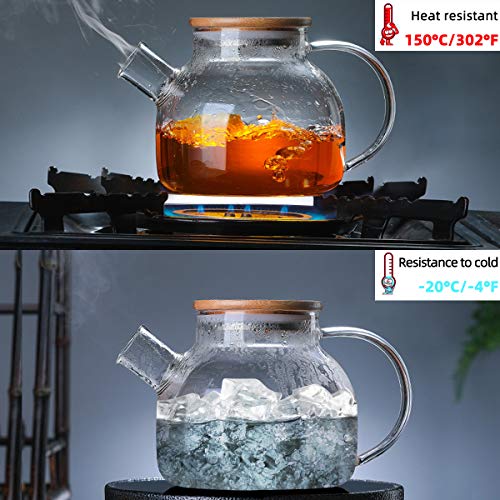 Tetera de Varios, CNNIK 1L Jarras de Cristal de borosilicato con tapa de madera, Jarras para agua para agua caliente/fría/helada Té Vino Café Leche y jugo Bebidas