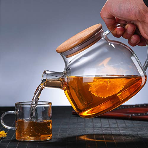 Tetera de Varios, CNNIK 1L Jarras de Cristal de borosilicato con tapa de madera, Jarras para agua para agua caliente/fría/helada Té Vino Café Leche y jugo Bebidas